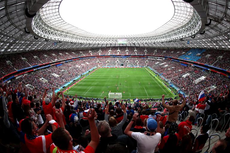 MOSCOW, RUSSIA - JUNE 14:  General view of the stadium as fans celebrate the opening goal scored by Iury Gazinsky of Russia during the 2018 FIFA World Cup Russia Group A match between Russia and Saudi Arabia at Luzhniki Stadium on June 14, 2018 in Moscow, Russia.  (Photo by Clive Rose/Getty Images)