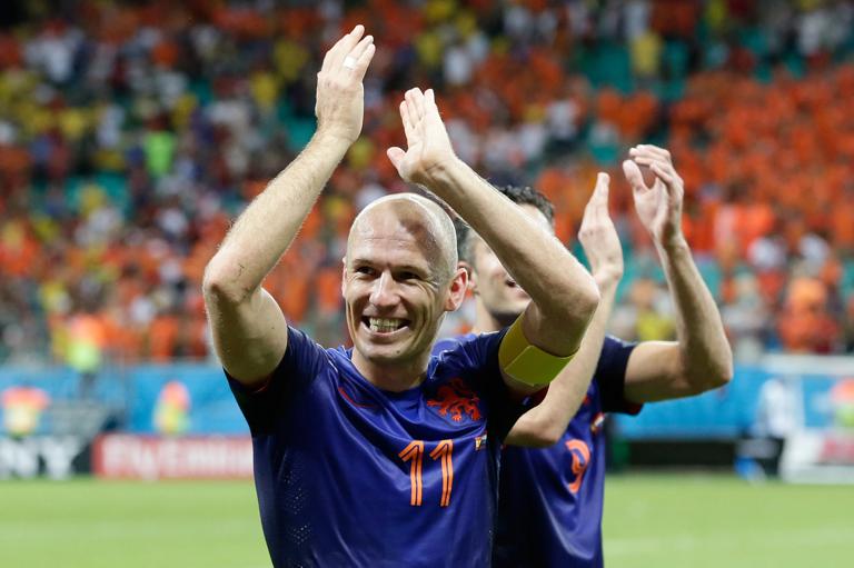 , BRAZIL - JUNE 13: Arjen Robben of Holland celebrates the victory
 during the  World Cup match between Spain  v Holland  on June 13, 2014 (Photo by Eric Verhoeven/Soccrates/Getty Images)