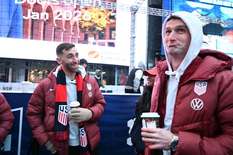 NEW YORK, NEW YORK - DECEMBER 5: Matt Turner (left) and Matt Freese react during announcements of teams during the 2025 World Cup Draw Show  on December 5, 2025 in New York City. (Photo by Mark Smith/ISI Photos/USSF/Getty Images)