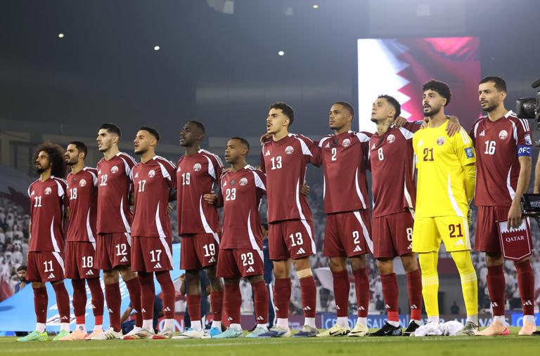 Qatar line up ahead of a 2026 FIFA World Cup qualifier against United Arab Emirates